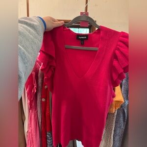 Express Pink V-Neck Ruffle Sweater Top